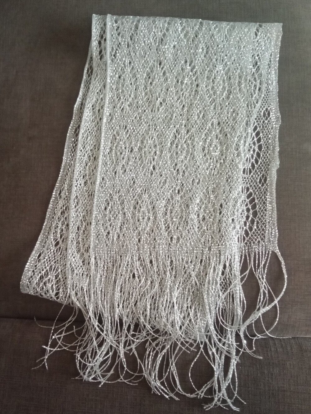 Silver Metallic Crochet Fringe Scarf